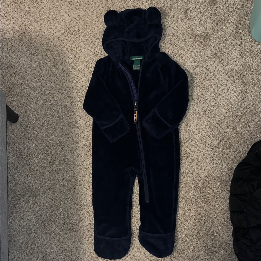 LLBean Navy Kids Footie with Bear Ears 12-18 months